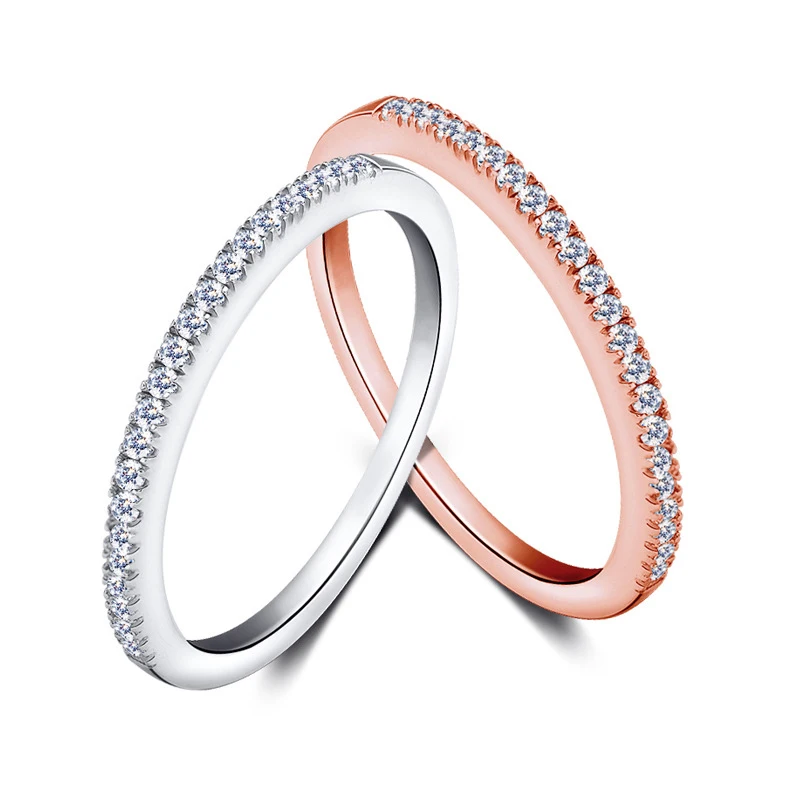 

ShangJie Simple Design 925 Sterling Silver Women Full Pave Cubic Zirconia Eternity Band Thin Finger Ring, Silver&rose gold