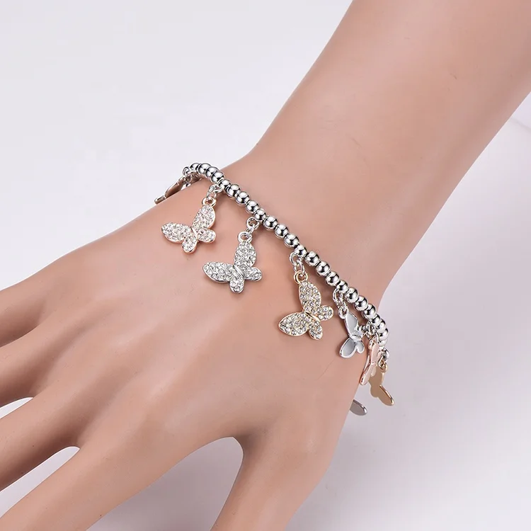 

Frriendship Crystal Butterfly Silver Beads Bracelet Gold Plated Butterfly Pendant Stretch Chain Charms Bracelet, As display