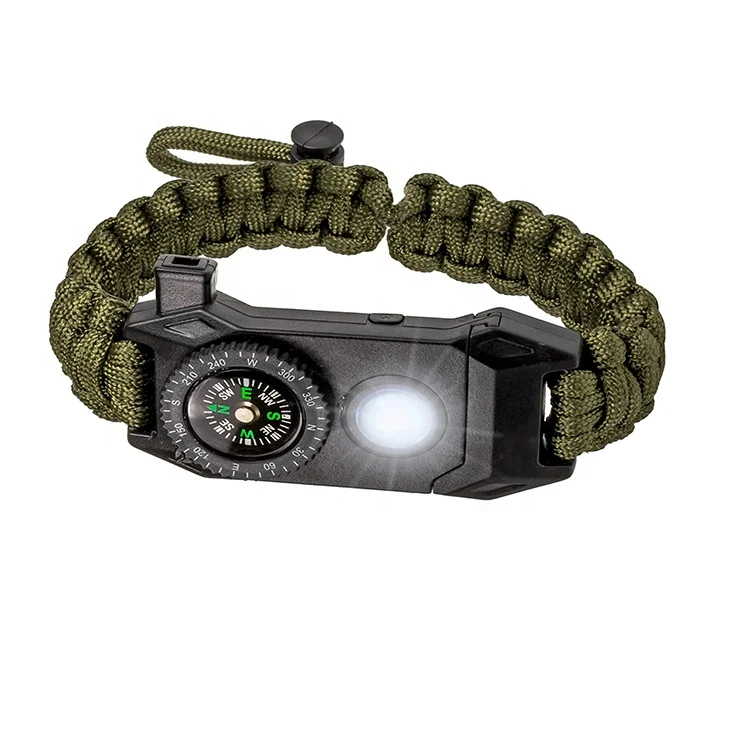 

Wholesale Outdoor Whistle Compass Flint Fire Starter Scraper Survival Cord Bracelet with LED Light, Customized colored bracelet for men women