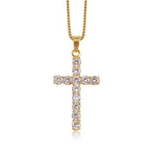 OUMI Stainless Steel Cubic Zirconia Gold Simple Design Cross Crystal Rhinestone  Mens Pendant Necklace