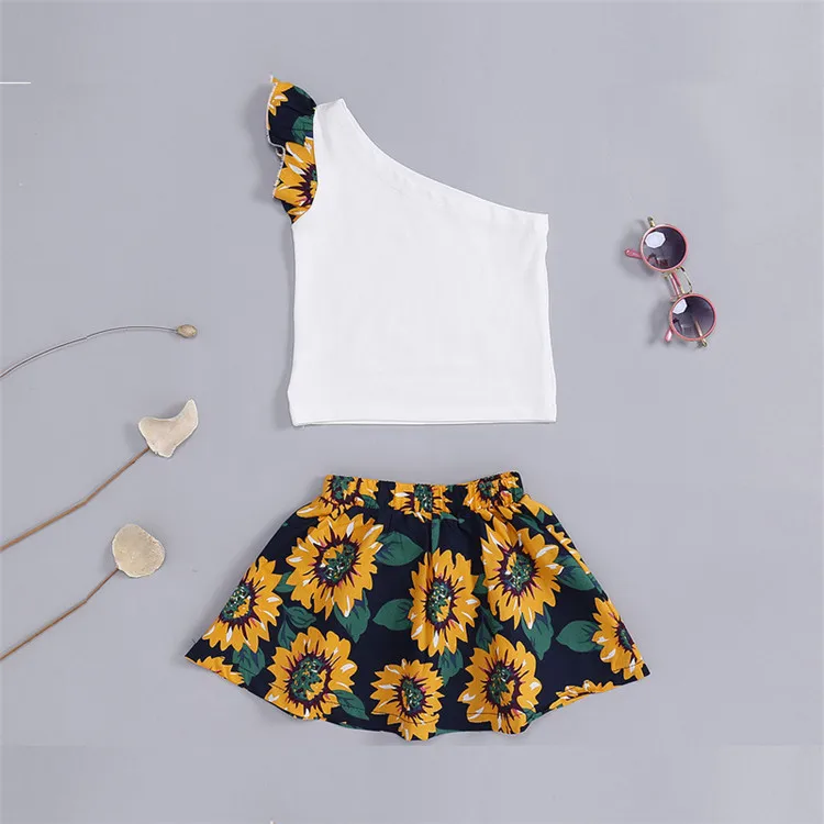 

Boutique Children Clothes Baby Girls off shoulder top +Sunflower skirt 2pcs Clothes Sets
