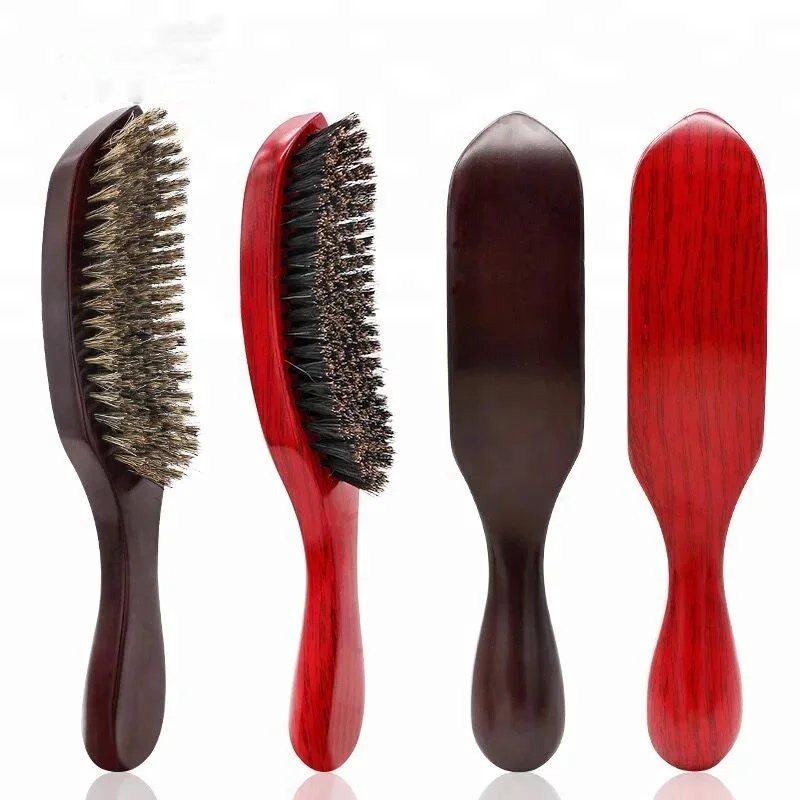 

JDK Custom Logo 360 Curved Wave Brush Lotus Wood Long Handle Boar Bristle Wave Hair Brush for Men, Red