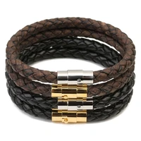 

Lingsai stainless steel magnetic clasp leather bracelet metal pu leather bangle for man wholesale