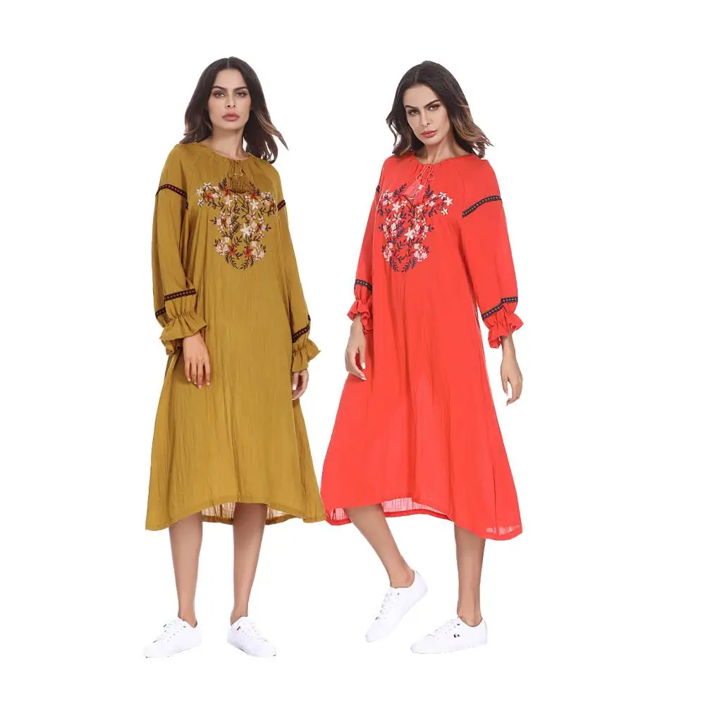 

Muslim women Islamic pure color embroider plus size Middle East long dress, Yellow/red