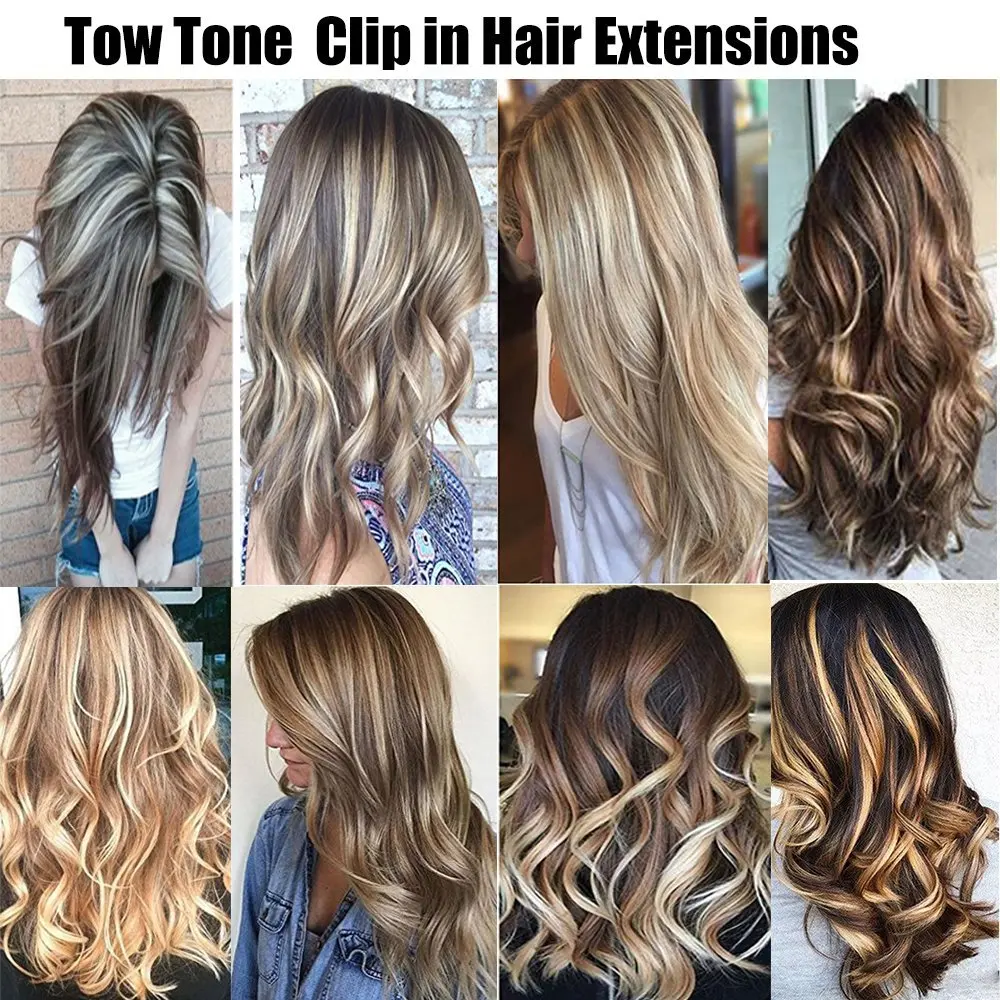 Two Tone Ombre Full Head Clip In Hair Extensions Extension 8pcs Set 145g Thick Curly Wave Straight Brown Blonde Black Natural Synthytic Hairpiece For