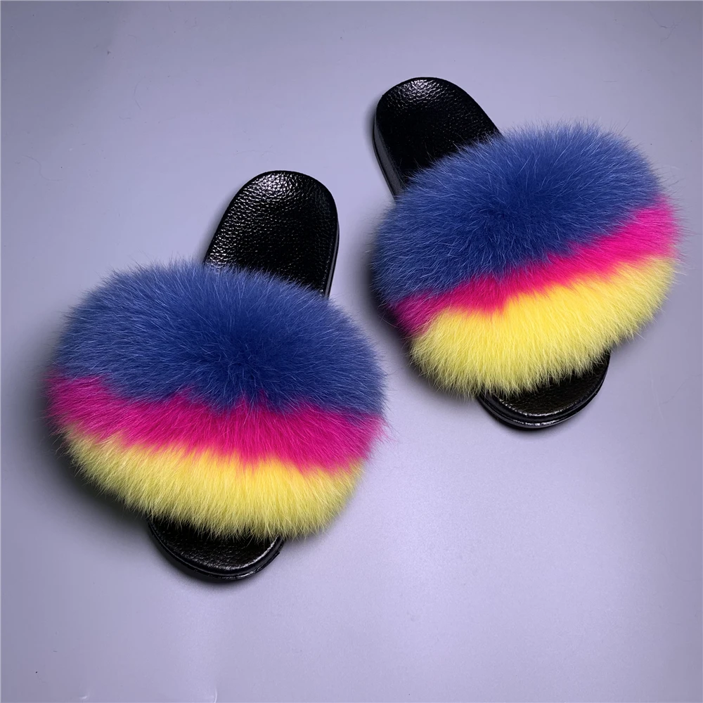

Fashionable Soft And Fluffy Slippers Women Ladies Indoor Fox Fur Slides Genuine Leather Fur Slippers Women, Picture