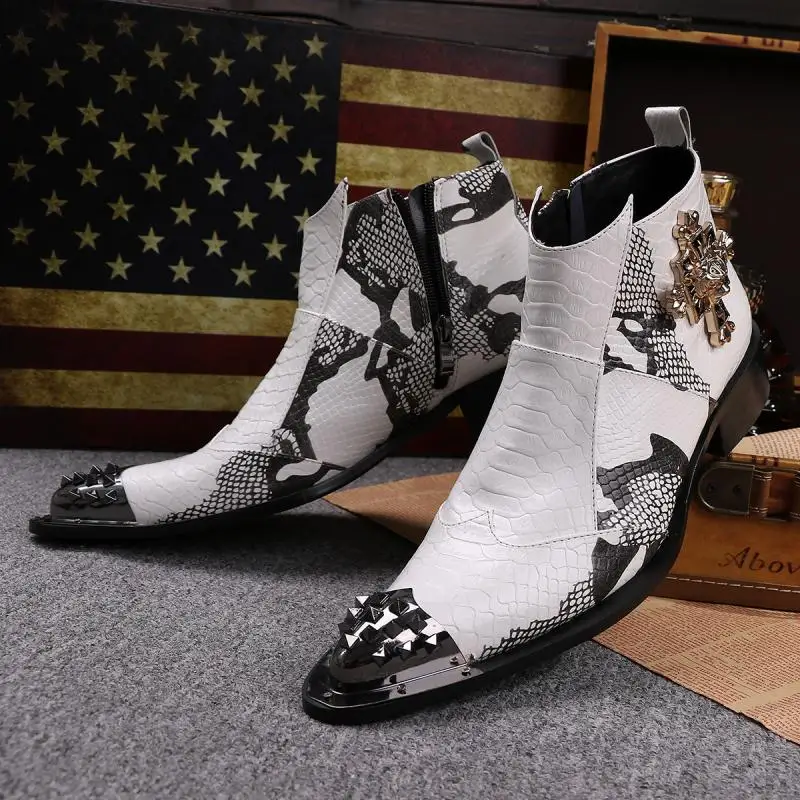 

NA034 Korean Version Black And White Men Boots British Pointed Toe Genuine Leather Boots Fashion Zipper Breathable Rivet Shoes, As the picture