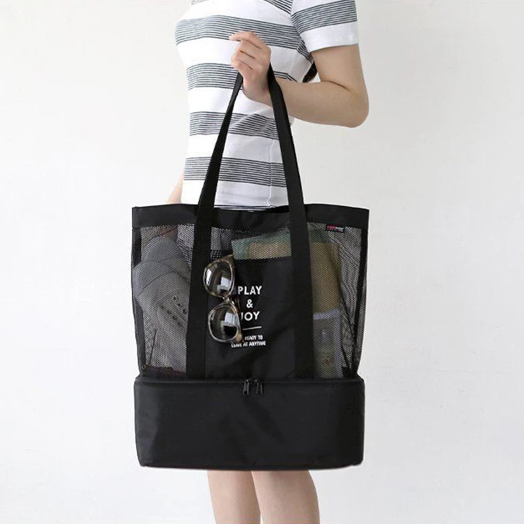 

Top Sale Washable Lightweight Plain Waxed Thick Swimming Beach Bag Mesh Tote Bag With Cooler Compartment, Black or customized color