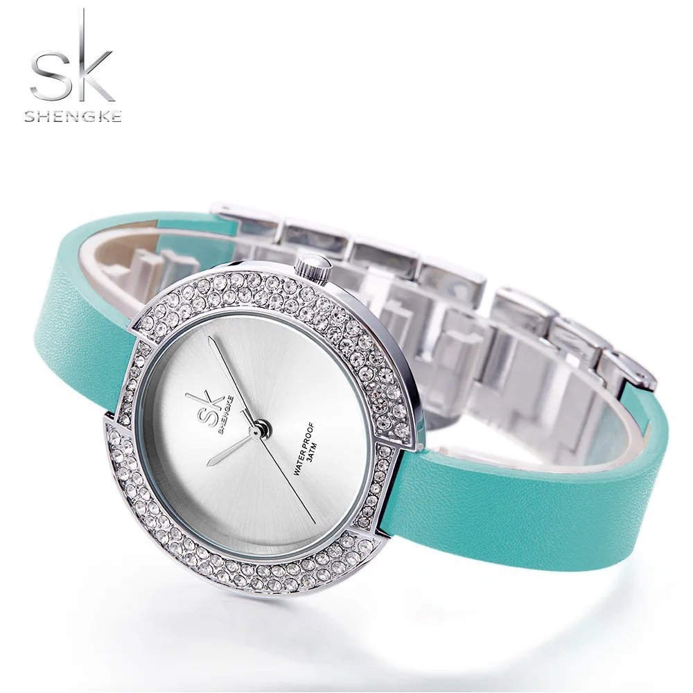 

SK Women Diamond Dial Watch Leather Mixmatch Bracelet Band Watch Quartz Clock Ladies Wristwatch, As the picture or customized