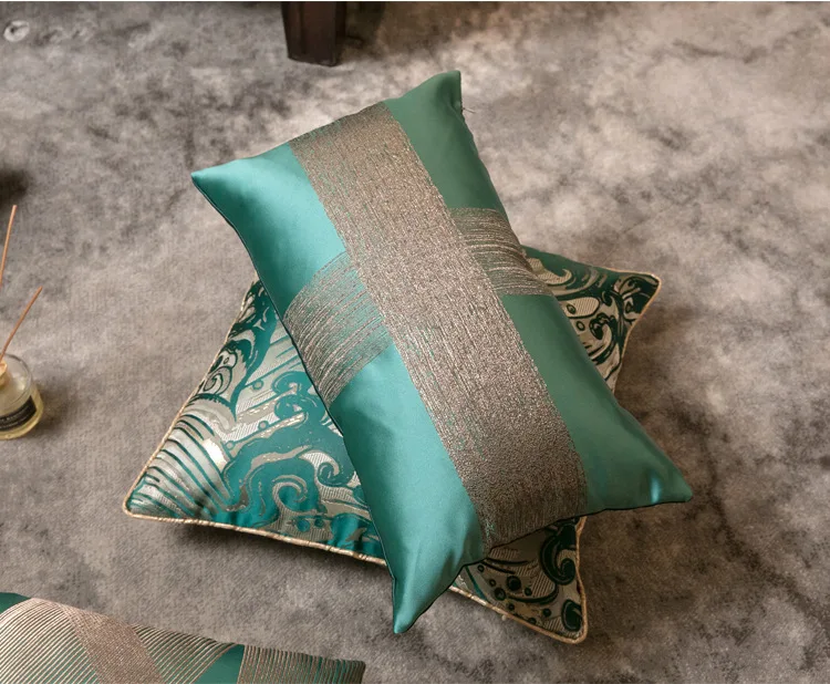 Large Teal Green and Brown Check Jacquard Cushion Cover 