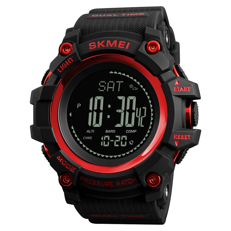 

Men's sport black digital watch with compass 2 time zone watch, Black;blue;red;army green