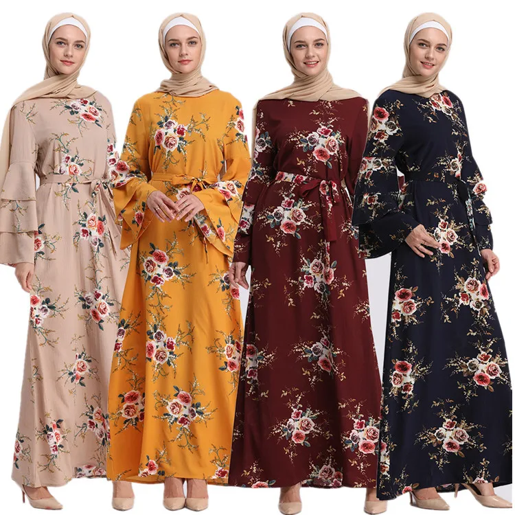 

New Arrivals Eid Ramadan Women Elegant Long Sleeve Islamic Maxi Dress With Belt Floral Printing Dress, Golden,navy,khaki,wine red