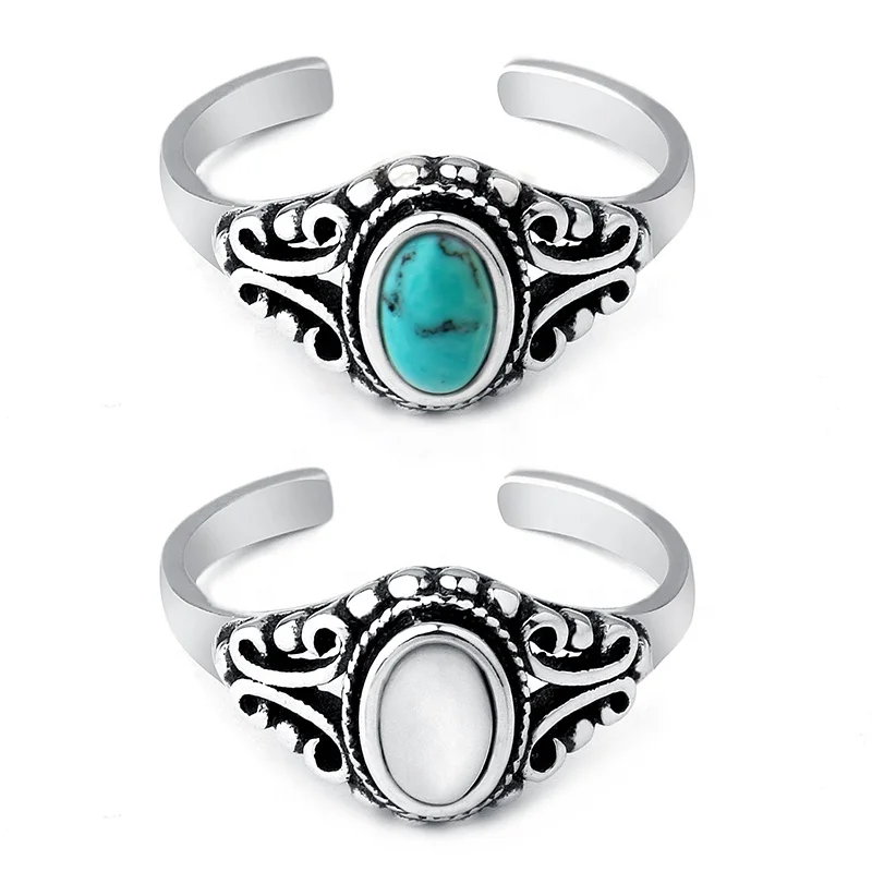 

925 Sterling Silver Turquoise Ring Oval Sky Blue Stone Antique Retro Open Rings for Men Women Wedding Fine Jewelry