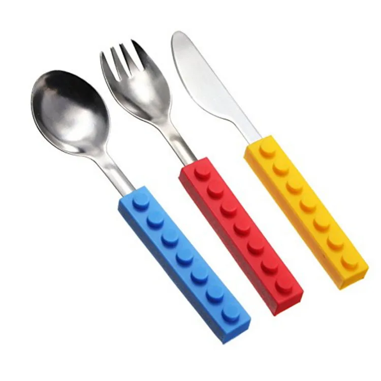 

Silicone Kids' cutlery , Spoon Fork Knife Interlocking Brick Utensil Set for Children, Any color avaliable