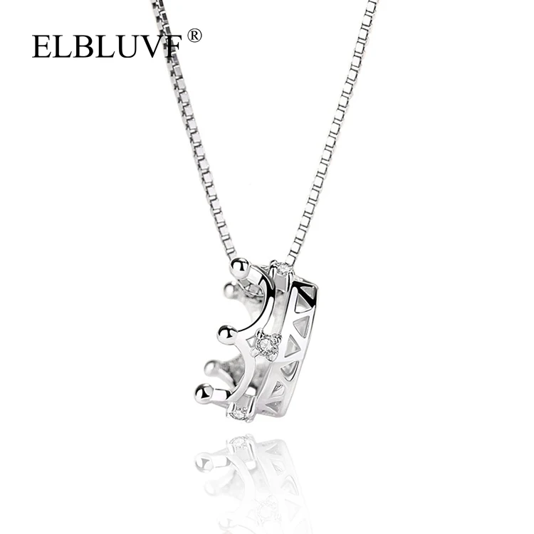 

ELBLUVF 925 Sterling Silver Hollow Crown Pendant Necklace clavicle chain zircon Jewelry For Women