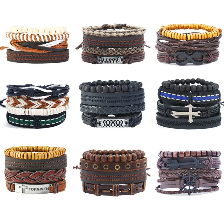 

Wholesale High Quality 4Pcs/set Punk Style Handmade Woven Beaded Men Leather Bracelets Vintage Bangle Bracelet, As picture
