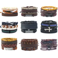 

Wholesale High Quality 4Pcs/set Punk Style Handmade Woven Beaded Men Leather Bracelets Vintage Bangle Bracelet