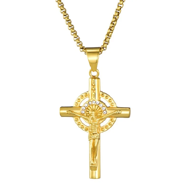 

Amulet Titanium Stainless Steel With Zircon Stone Mens Gold Plated Jesus Christ Religious Cross Pendant Jewelry Necklace