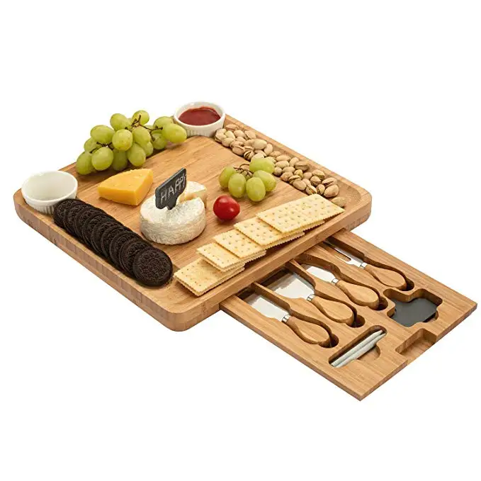 

Cheese bamboo Board With 4 Piece Stainless Steel Cutlery Set Charcuterie Board., Natural