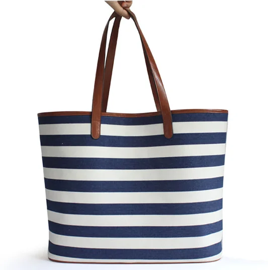 blue and white striped tote bag