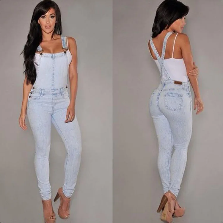 

Best Selling Products China Top Design Ladies Jeans Stretch Shoulder Strap Jeans, As picture