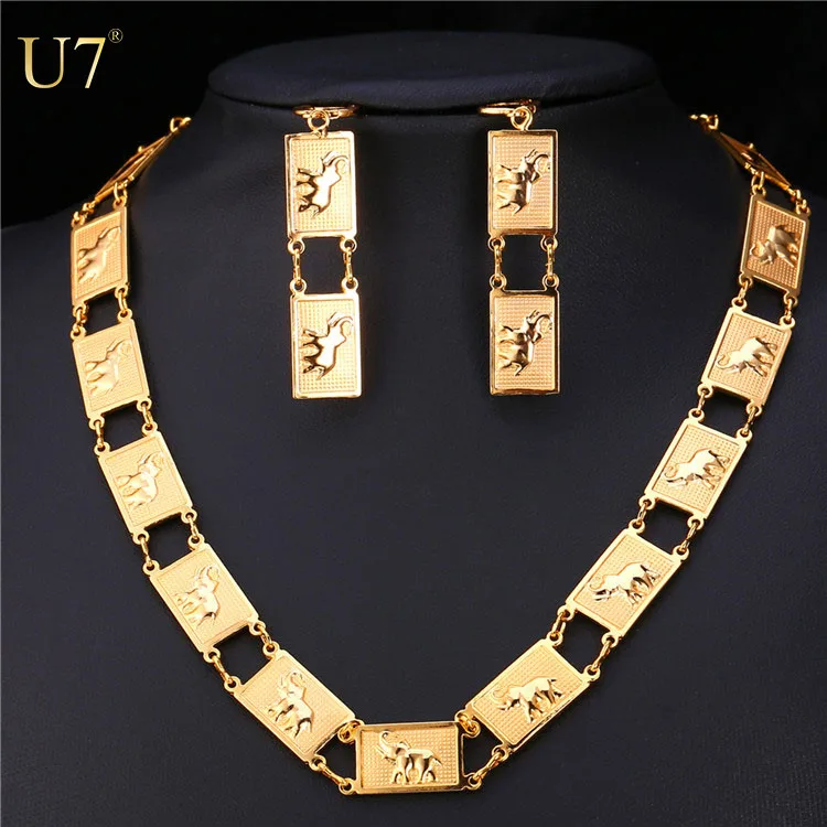 

U7 Indian Gold Plated necklace Set For Women Gift Square Lucky Jewelry Elephant Earrings Necklace Set For Women gift, Gold/platinum color