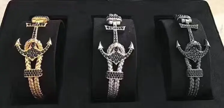 Wholesale Stainless Steel Handmade Weave Leather Anchor CZ Stone Bracelets