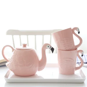 Image of Pink Flamingo Teapot Set Creative Cartoon Two Cups and One Pot