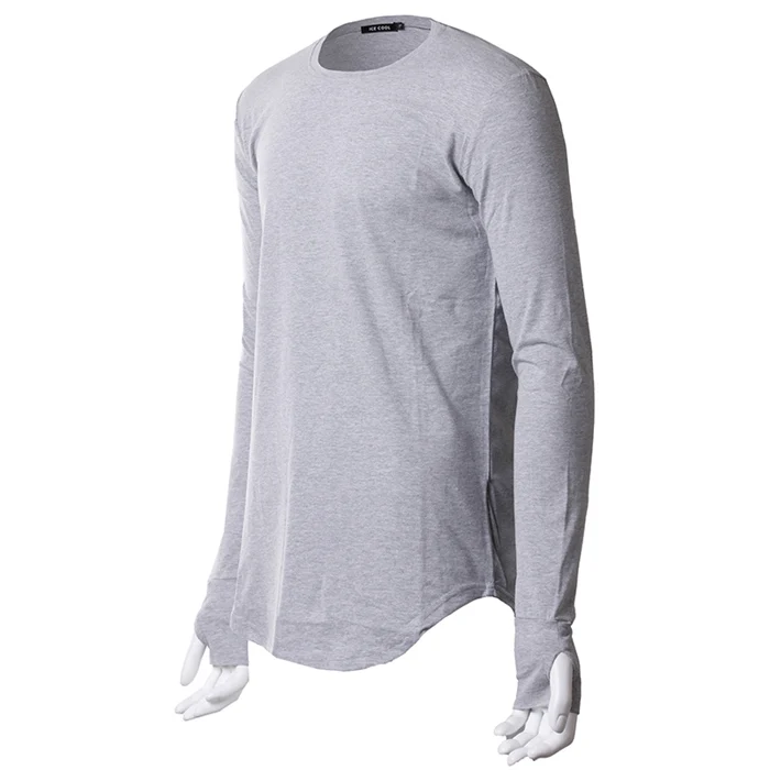 

long sleeve t shirt with thumb hole shirts blank 100% cotton curved hem tee for men