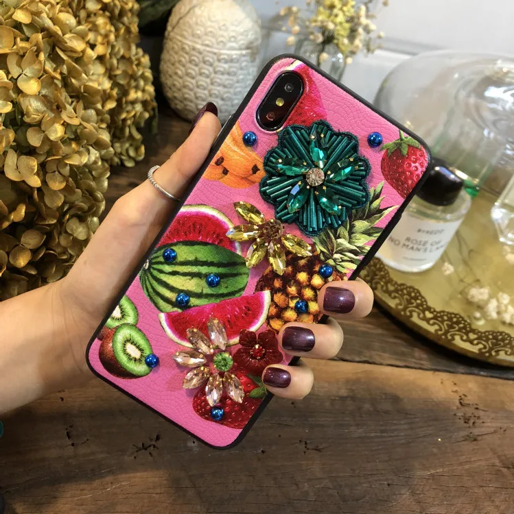 

Luxury Shiny Bling Diamond Flower Phone Case for iPhone Xs Max , Rock Stylish Tropical Fruit Case for iPhone Xr X 8 Plus, 2 colors optional