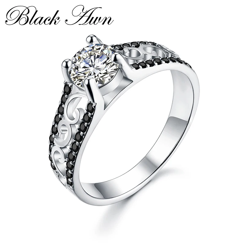 

[BLACK AWN] 3.2g 925 Sterling Silver Fine Jewelry Trendy Engagement Rings for Women Wedding Ring Black Spinel Bague C065