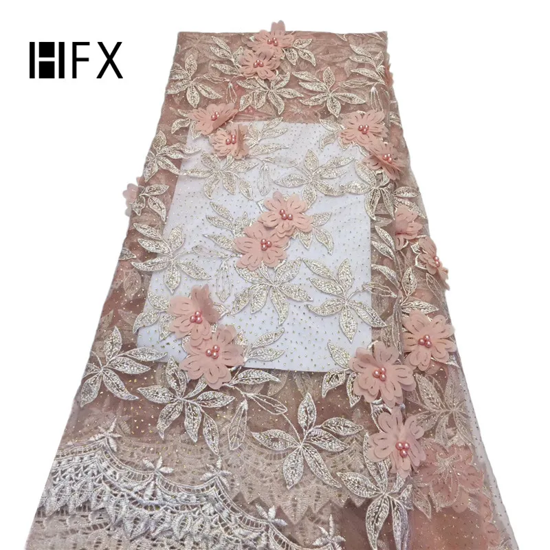 

HFX New Design Beaded 3D Flower Lace Net Lace African Lace Fabric, As pictuer