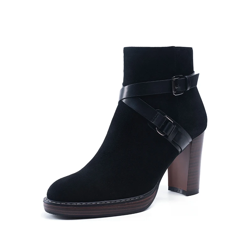 

Universe H183 Kid Suede Ankle Boots High Hoof Heel Buckle Zip up Flat Comfortable Warm Winter Women Shoes