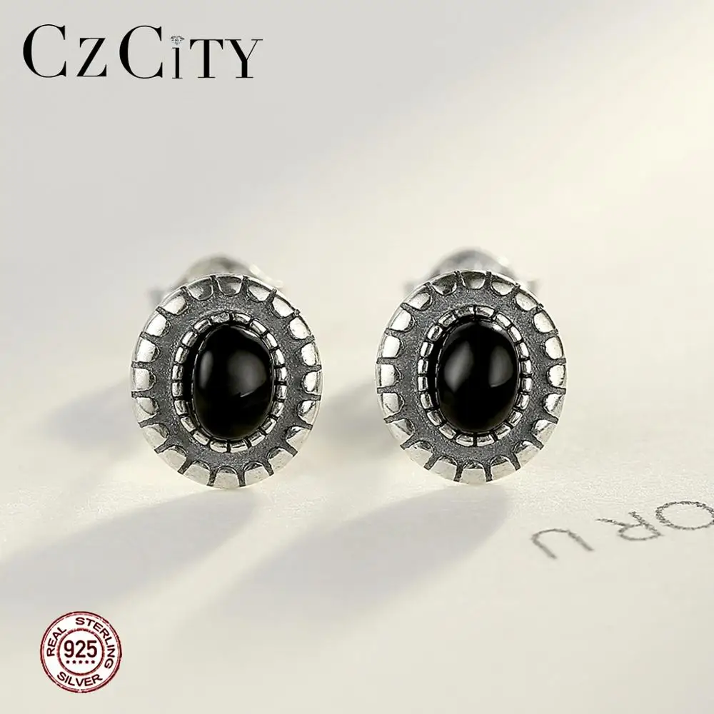 

CZCITY S925 Post Female Popular Fine Jewellery Black Sterling Silver Natural Stone Rhinestone Gemstone Oval Vintage Earring