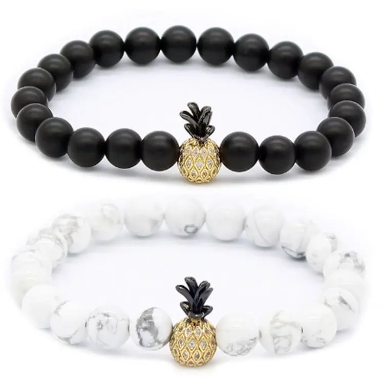

2021 Trendy Summer Jewelry 4 Designs Available Natural Stone Micro Pave CZ Pineapple Charm Bracelet For Couples, As picture shows