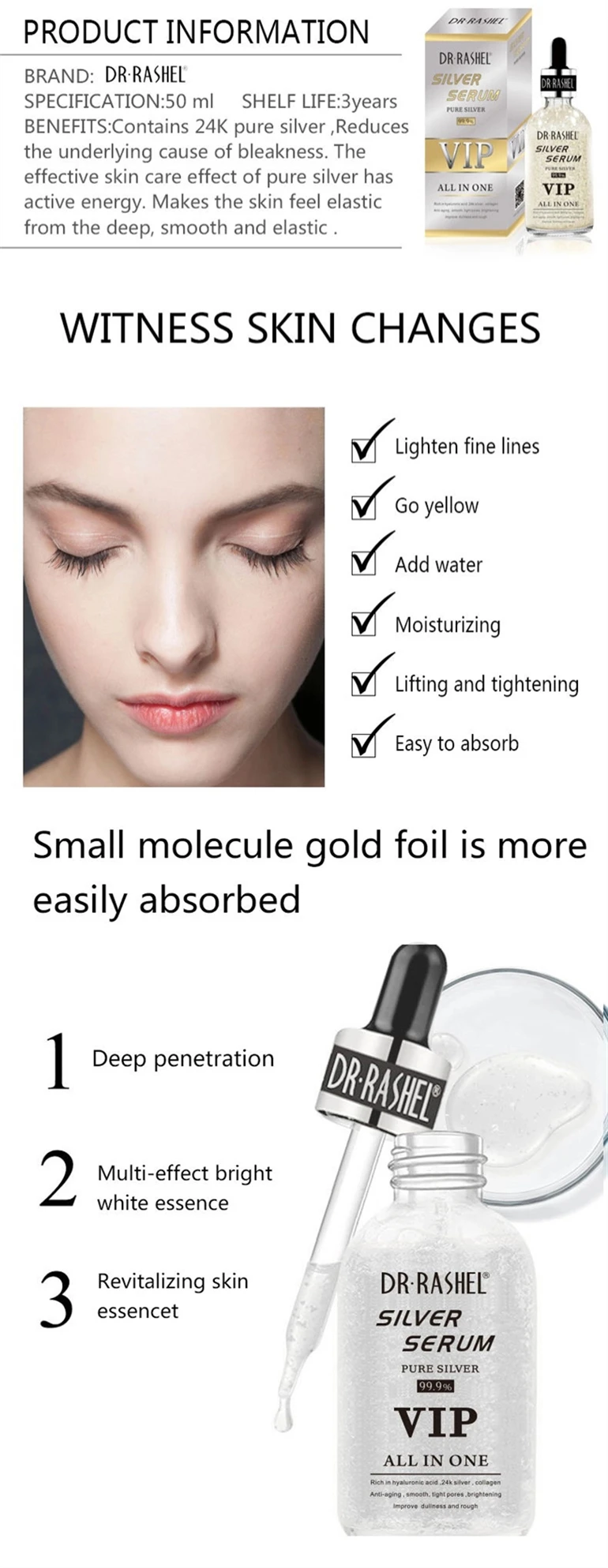 DR.RASHEL 24K Silver Hyaluronic Acid Collagen Anti Aging Smooth Tighten Pore Brightening Makeup Primer Whitening Serum