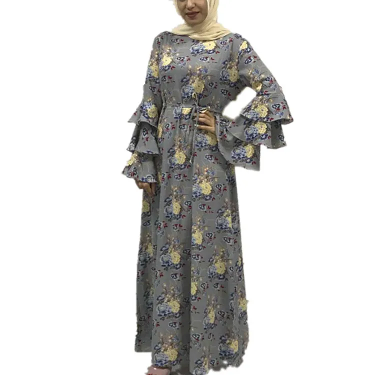 

2018 Trendy Modest Islamic Abaya Maxi FLower Dress Big Sleeves Muslim Floral Long Dress, Black;gray;navy;white