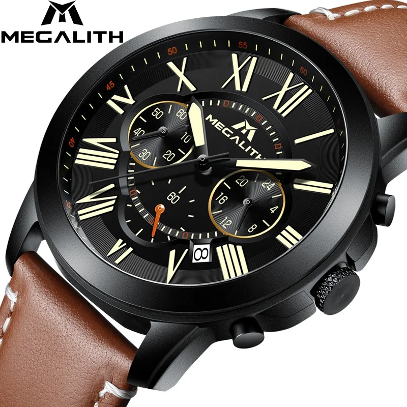 

MEGALITH fashion watches for men top brand luxury chronograph leather strap sport quartz men watches male army military clock, N/a