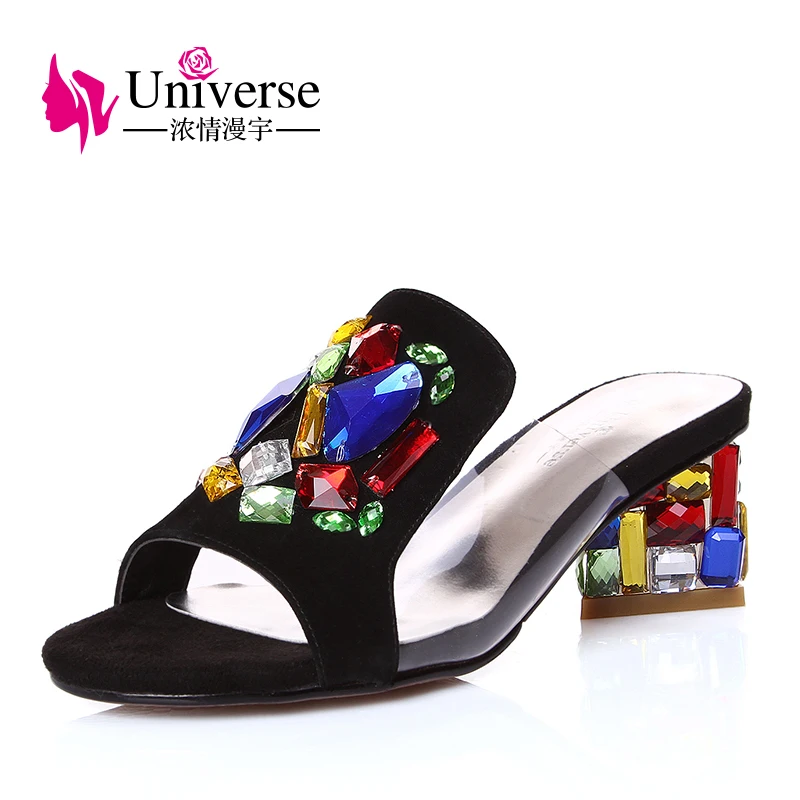 

E067 Plus Size High Heel Women Slippers crystal Peep Toe Shoes Out door Slippers, Black /silver