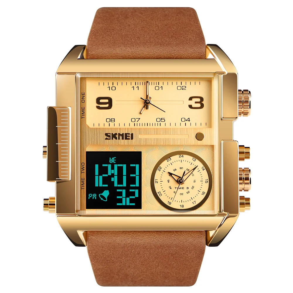 

New arrive Skmei 1391 gold luxury fashion big dial men wristwatch 3 time waterproof leather digital watch, 10 colors