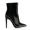Metal Stud Faux Leather Bootie Shoes Pointed Toe Front Zipper Winter Boots