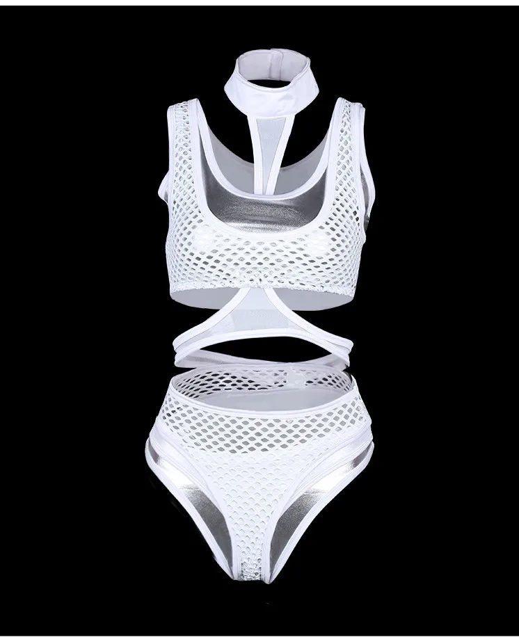 Nightclub Holographic Female Singer Ds Beyonce Bodysuit Costumes New Sexy White Mesh Perspective