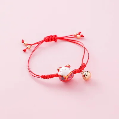 

Adjustable Retro Cute Handmade Woven Ceramics Lucky Cat Bracelet with Bell for Girls, Colorful