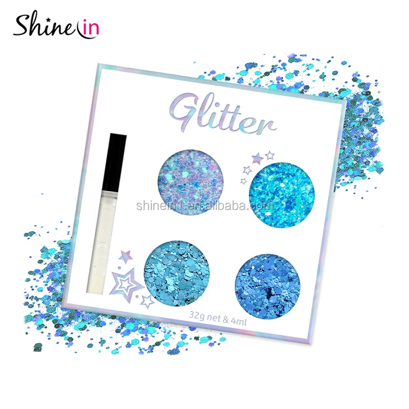 

Wholesale Box Package Blue Hexagon Holographic Glitter Paint Glue Turquoise Chunky Cosmetic Glitter for Hair Eyeshadow, Mixed multi colors