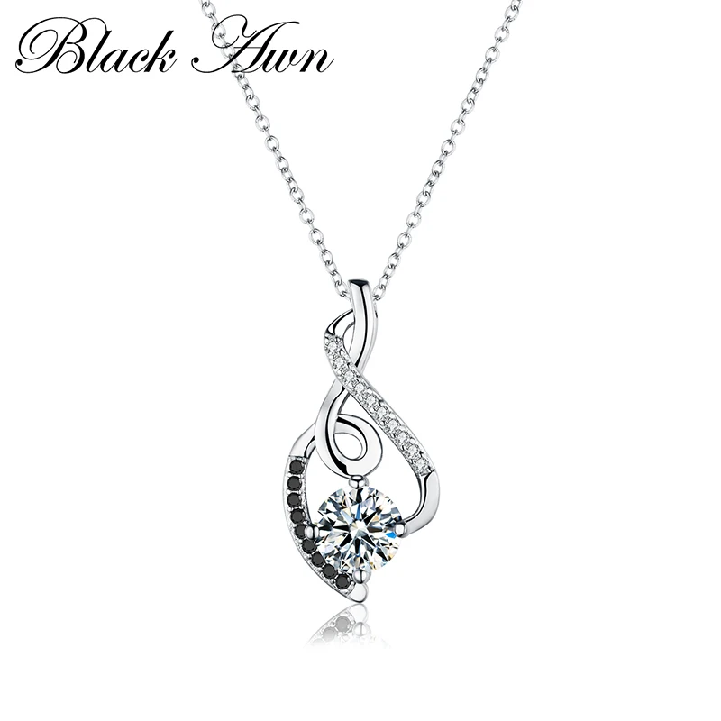 

[BLACK AWN] Femme Genuine 100% 925 Sterling Silver Necklaces Pendants Jewelry Black&White Stone Necklace Women Bijoux P081