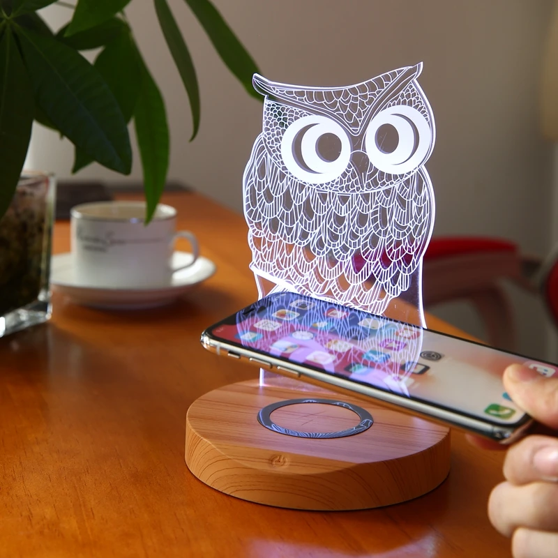 

Different design 3D night light desk lamp wireless charger for phones, Brown/black/yellow