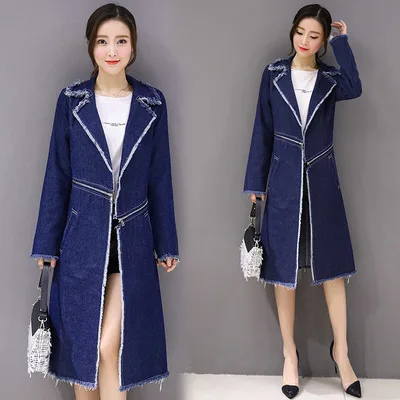 

Latest design Ladies Elegant Lapel 2 Pieces Patch Zipper Two ways Wear Jacket OverCoat Slim Fitted Long Women Denim Trench Coat, Blue ladies jean denim overcoat