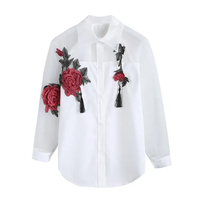 

Fashion Blusas 2017 Summer Elegant Women Blouse Flower Embroidery Vintage Shirts Organza Sleeve Tops, White;black