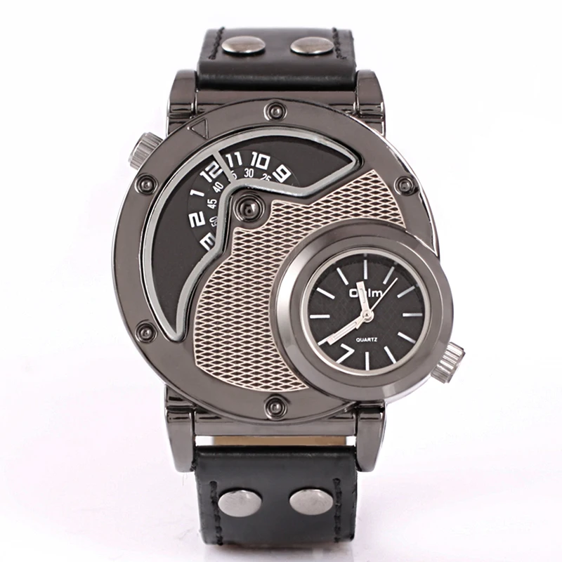 

Oulm 9591 Watch Men Quartz Watches Top Brand Luxury Silver Case PU Leather Military Sport Wristwatch Two Time Zone Male Clock