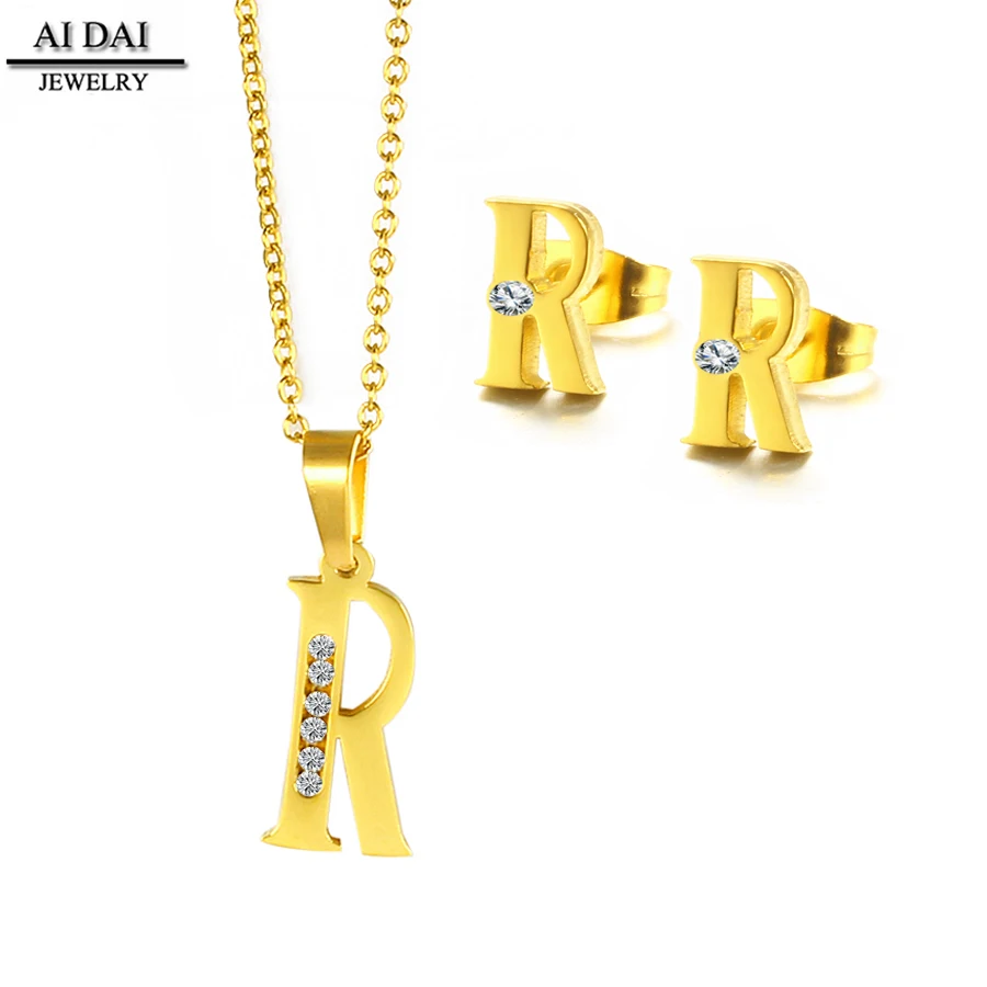

Wholesale joyas Stainless steel R Letter Rhinestones gold Jewelry Sets for women